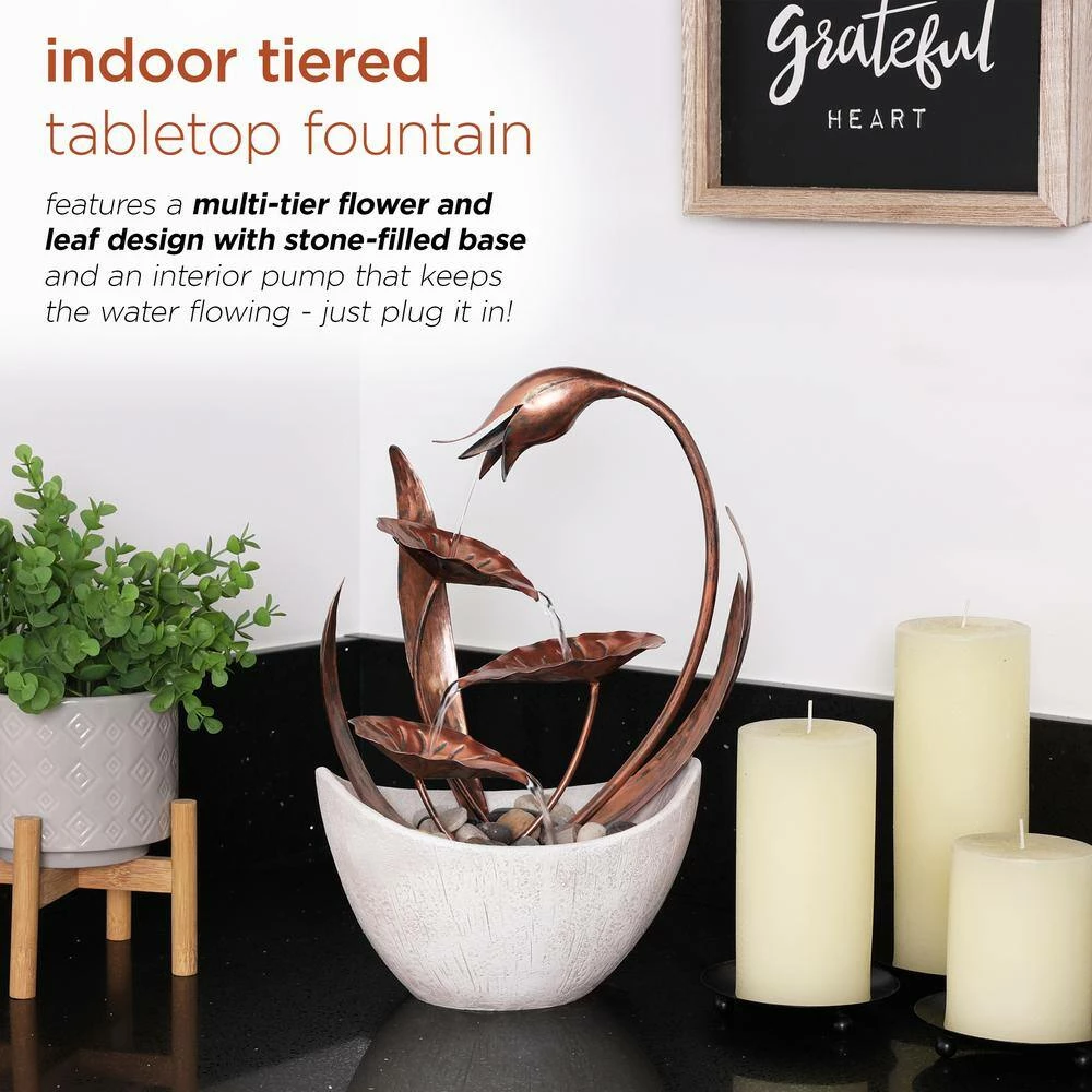 Alpine Corporation 15 in. H Indoor Multi-Tier Metal Floral Leaf Tabletop Fountain with Stone-Filled Base - Image 4