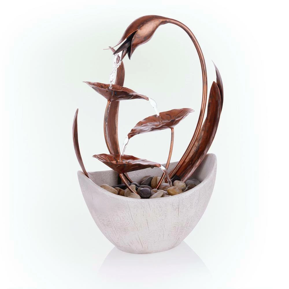 Alpine Corporation 15 in. H Indoor Multi-Tier Metal Floral Leaf Tabletop Fountain with Stone-Filled Base - Image 8