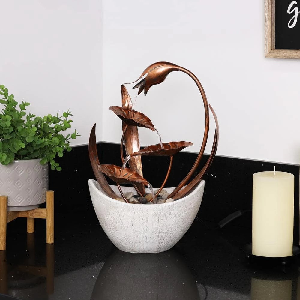 Alpine Corporation 15 in. H Indoor Multi-Tier Metal Floral Leaf Tabletop Fountain with Stone-Filled Base - Image 2