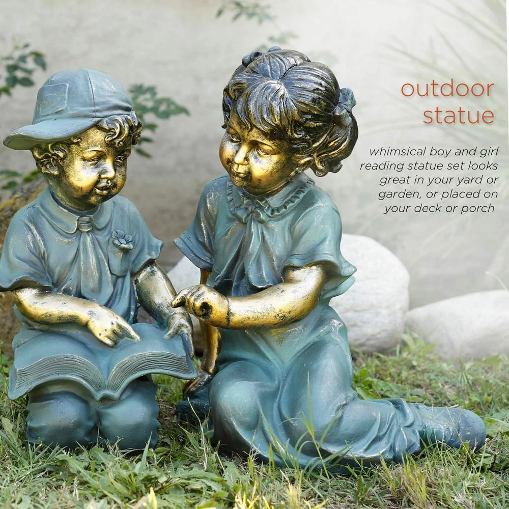 Alpine Corporation 2-Piece Indoor/Outdoor Girl and Boy Reading Statue Set Yard Art Decoration - Image 7