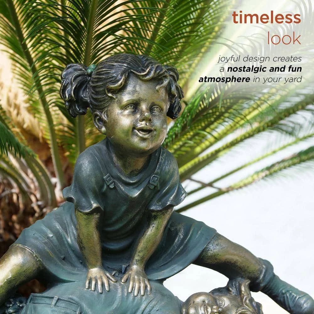 Alpine Corporation 26 in. Tall Indoor/Outdoor Girl Jumping Over Boy Statue Yard Art Decoration - Image 5