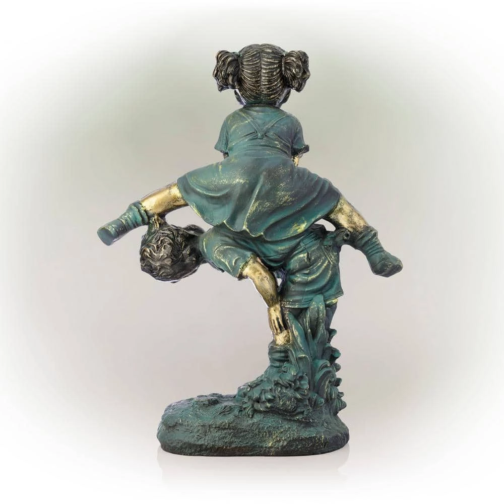 Alpine Corporation 26 in. Tall Indoor/Outdoor Girl Jumping Over Boy Statue Yard Art Decoration - Image 9