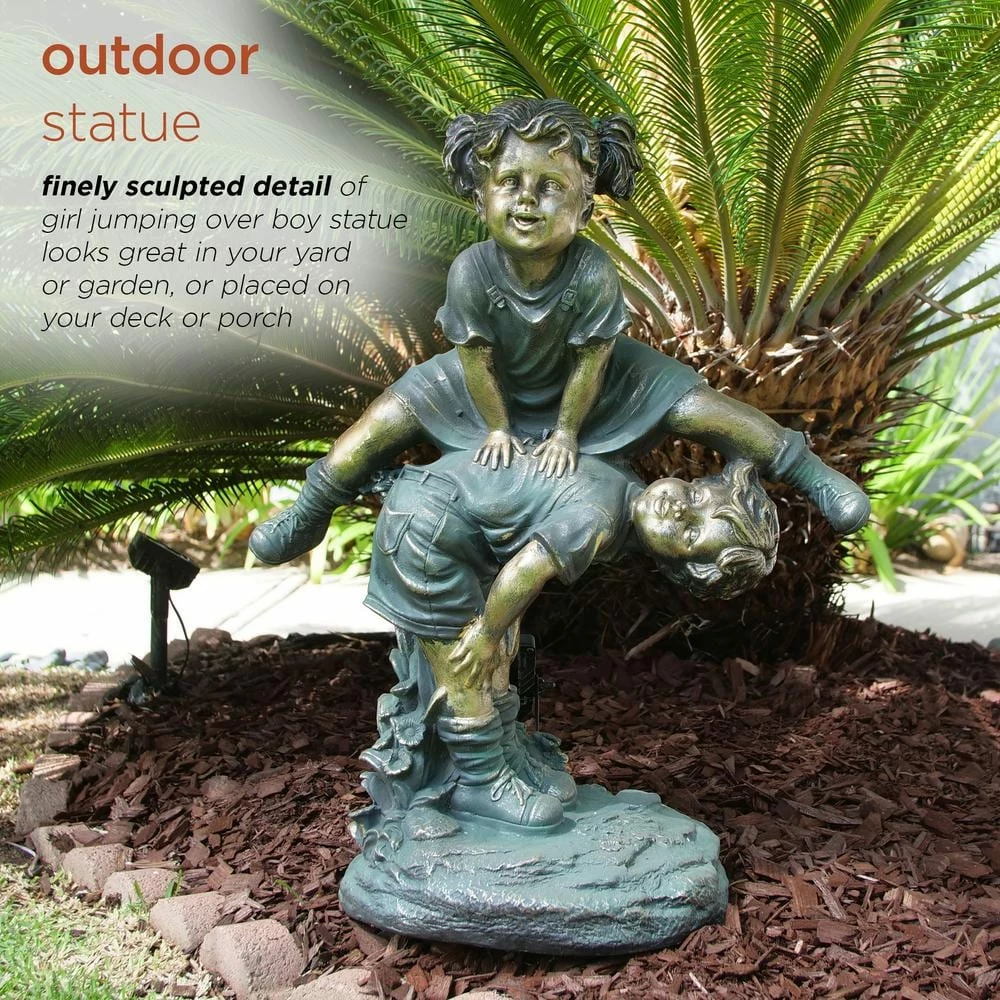 Alpine Corporation 26 in. Tall Indoor/Outdoor Girl Jumping Over Boy Statue Yard Art Decoration - Image 4