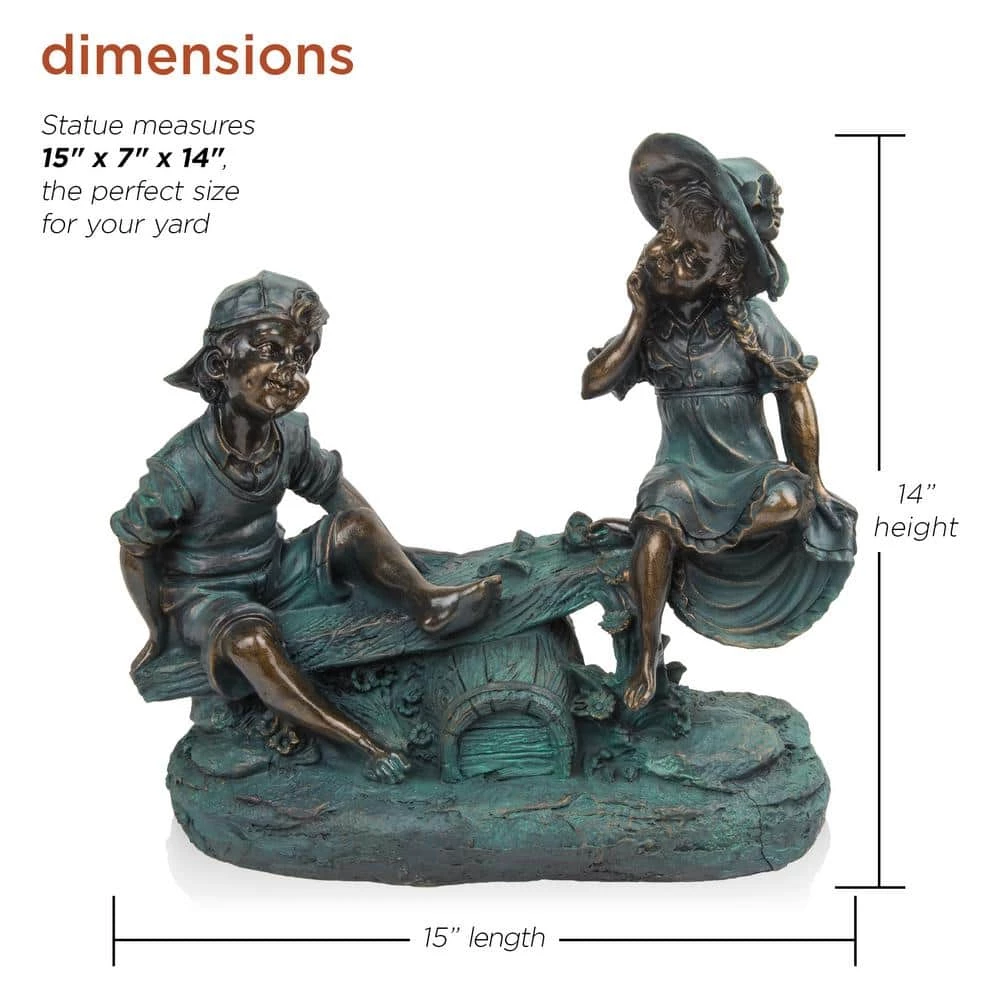 Alpine Corporation 14 in. Tall Indoor/Outdoor Girl and Boy Playing on Teeter Totter Statue Yard Art Decoration - Image 3