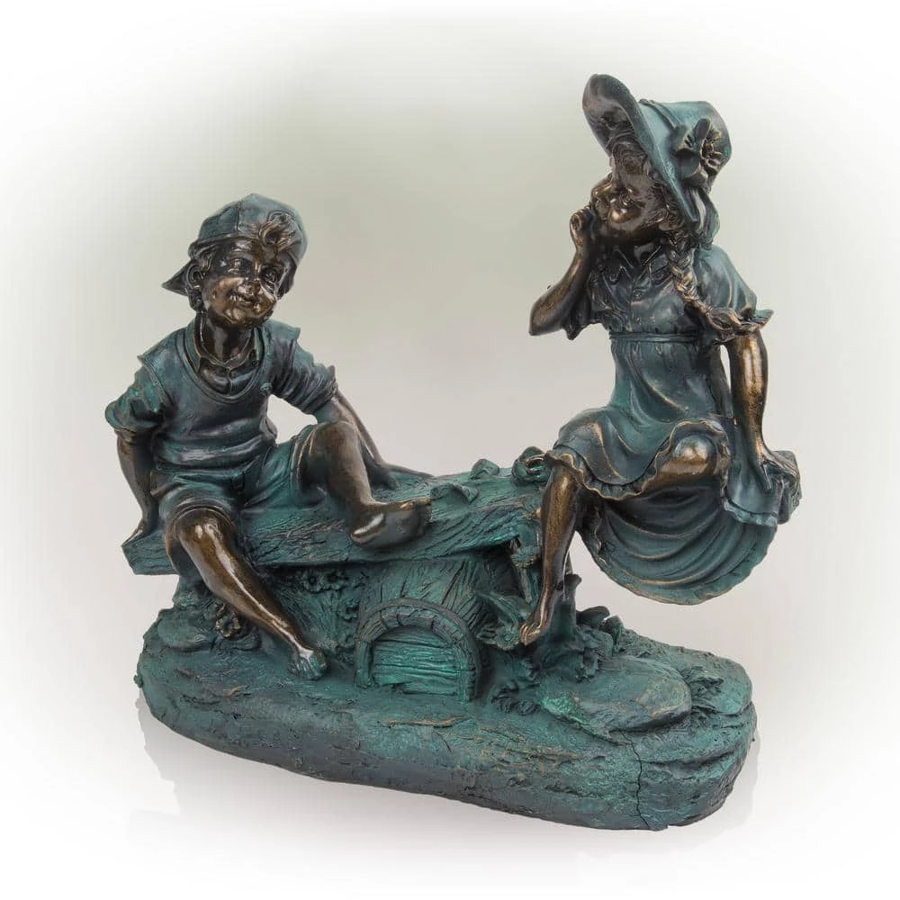 Alpine Corporation 14 in. Tall Indoor/Outdoor Girl and Boy Playing on Teeter Totter Statue Yard Art Decoration - Image 9