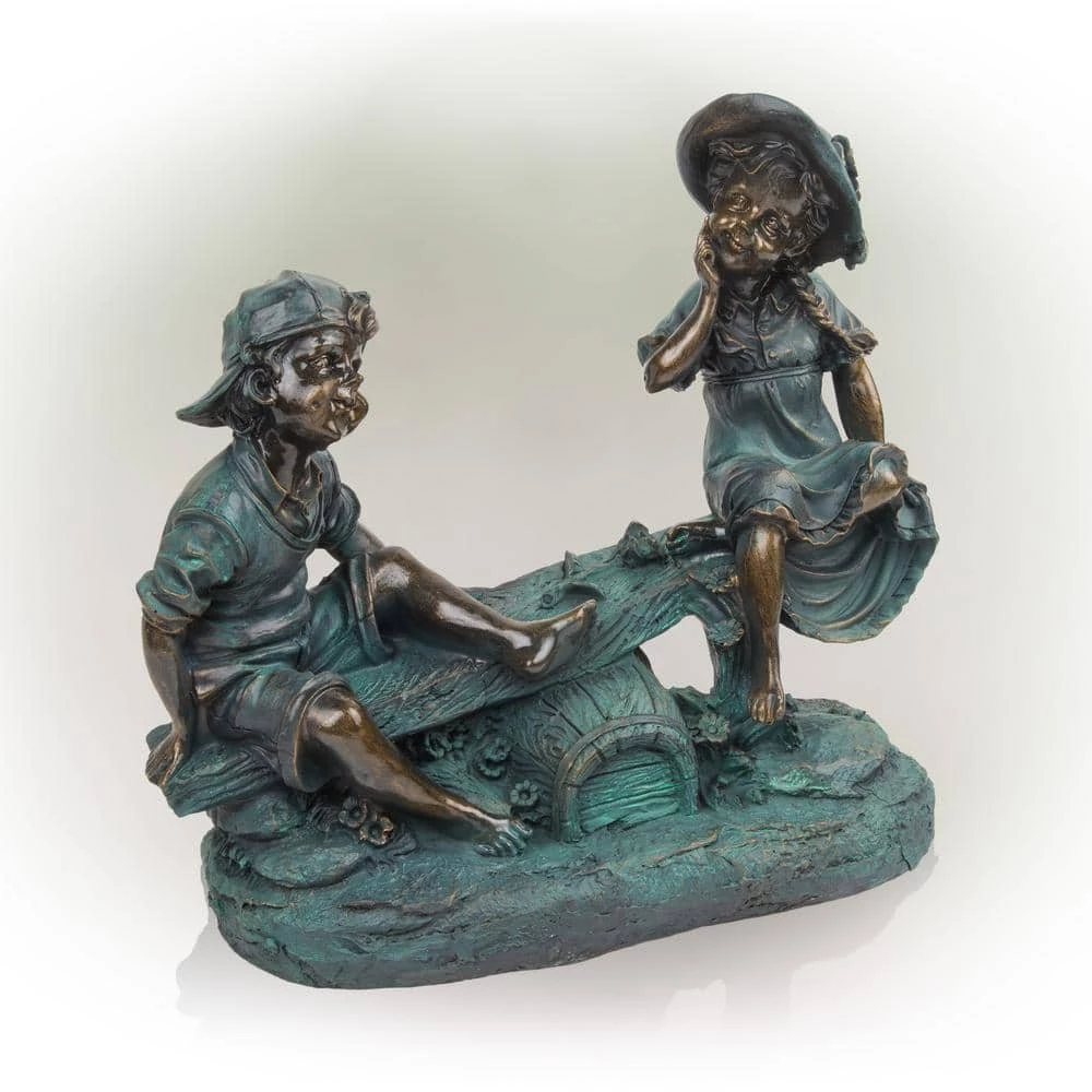 Alpine Corporation 14 in. Tall Indoor/Outdoor Girl and Boy Playing on Teeter Totter Statue Yard Art Decoration - Image 8