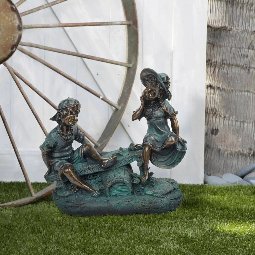 Alpine Corporation 14 in. Tall Indoor/Outdoor Girl and Boy Playing on Teeter Totter Statue Yard Art Decoration - Image 2