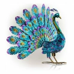Alpine Corporation 23 in. Tall Outdoor Metallic Peacock Tail Spread Yard Statue Decoration, Multicolor