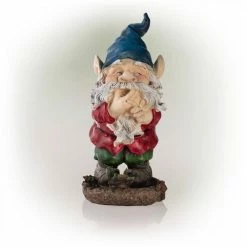 Alpine Corporation 15 in. Tall Outdoor Garden Gnome Smiling Yard Statue Decoration, Multicolor