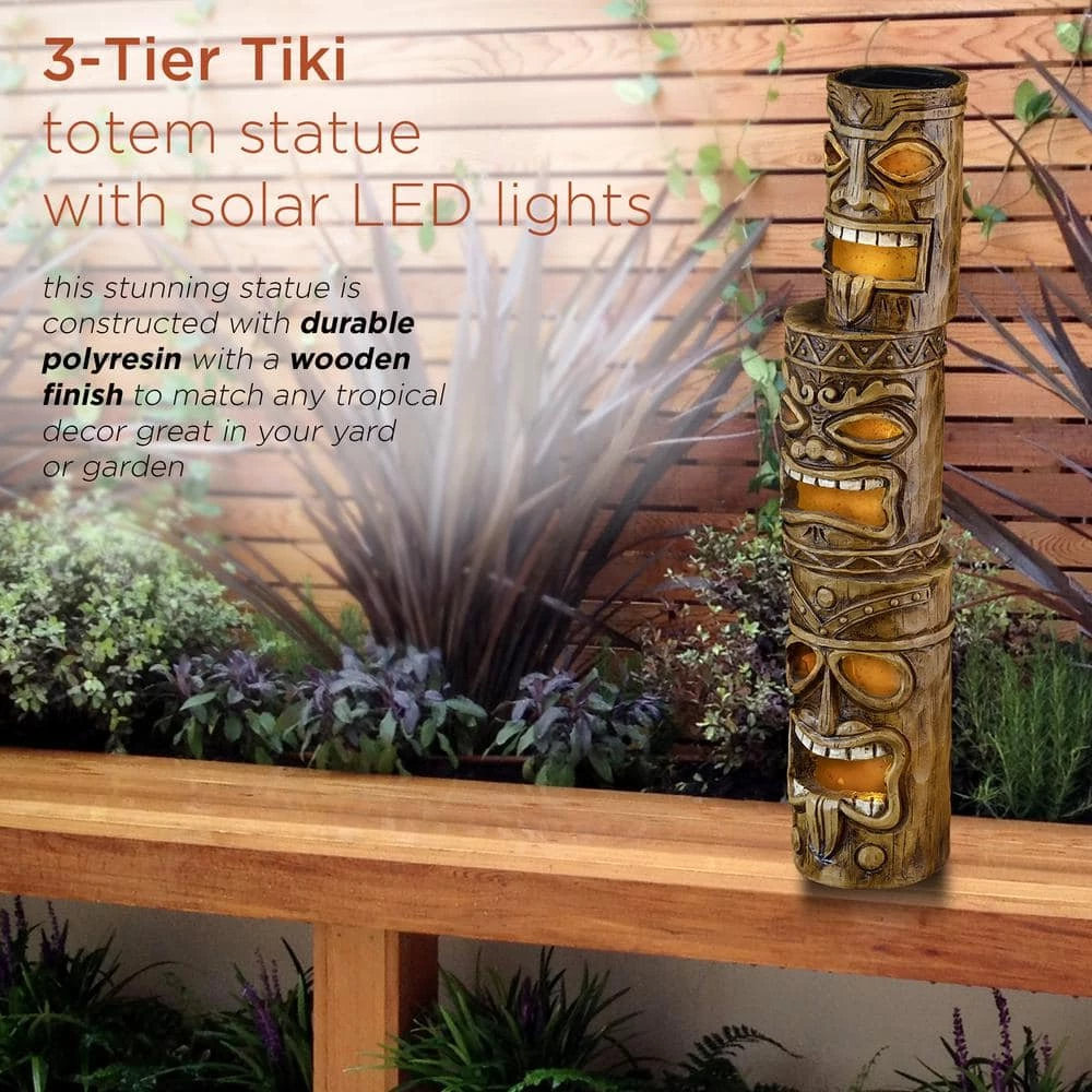 Alpine Corporation 19 in. Tall Outdoor 3-Tier Tiki Totem Statue with Solar LED Lights Yard Decoration - Image 5