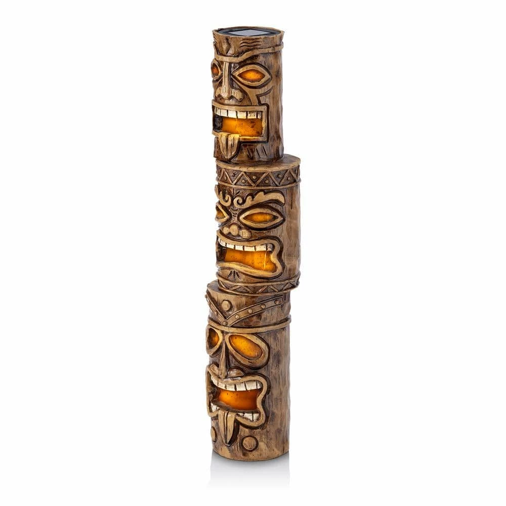 Alpine Corporation 19 in. Tall Outdoor 3-Tier Tiki Totem Statue with Solar LED Lights Yard Decoration