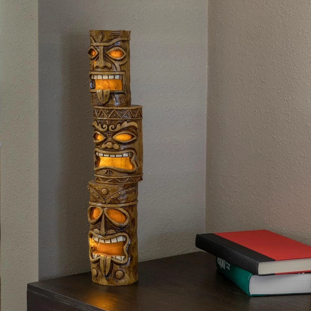 Alpine Corporation 19 in. Tall Outdoor 3-Tier Tiki Totem Statue with Solar LED Lights Yard Decoration - Image 2