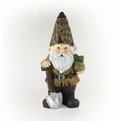 Alpine Corporation 16 in. H Indoor/Outdoor Garden Gnome with Shovel and Plant Statue, Brown