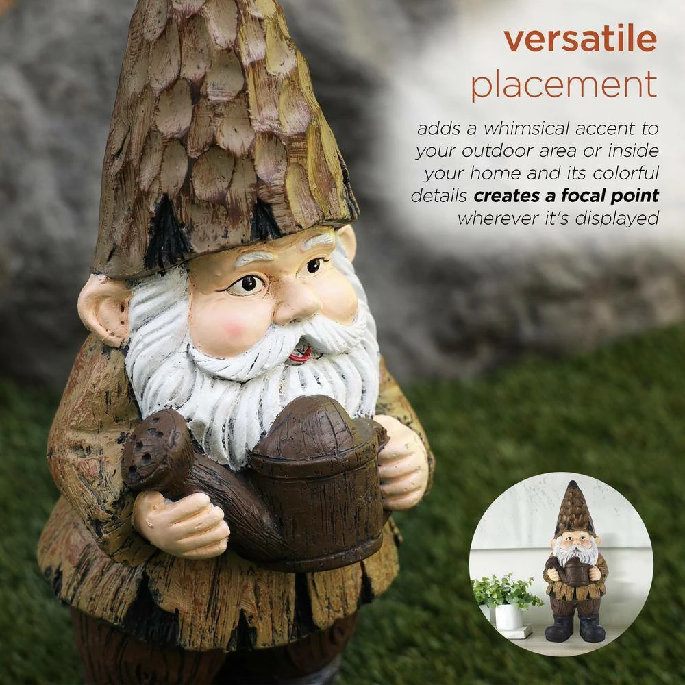Alpine Corporation 16 in. H Indoor/Outdoor Garden Gnome with Watering Can Statue, Brown - Image 5