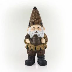 Alpine Corporation 16 in. H Indoor/Outdoor Garden Gnome with Watering Can Statue, Brown
