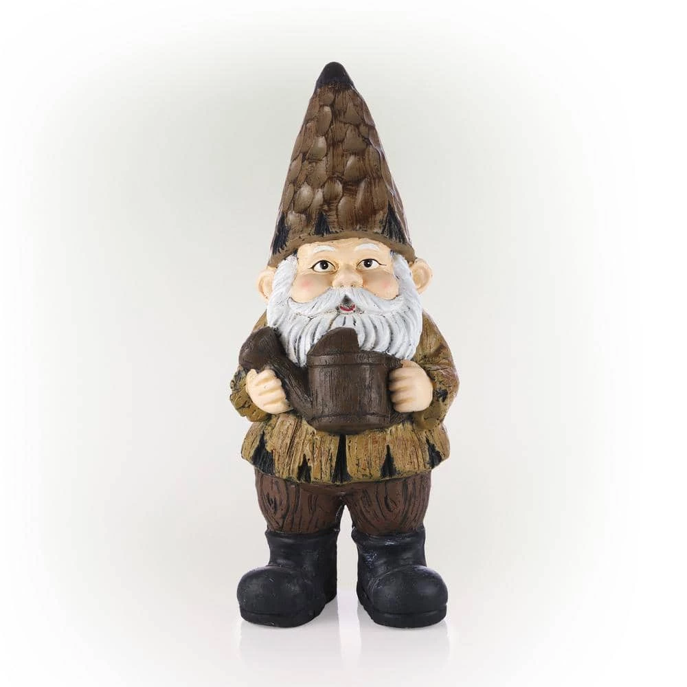 Alpine Corporation 16 in. H Indoor/Outdoor Garden Gnome with Watering Can Statue, Brown