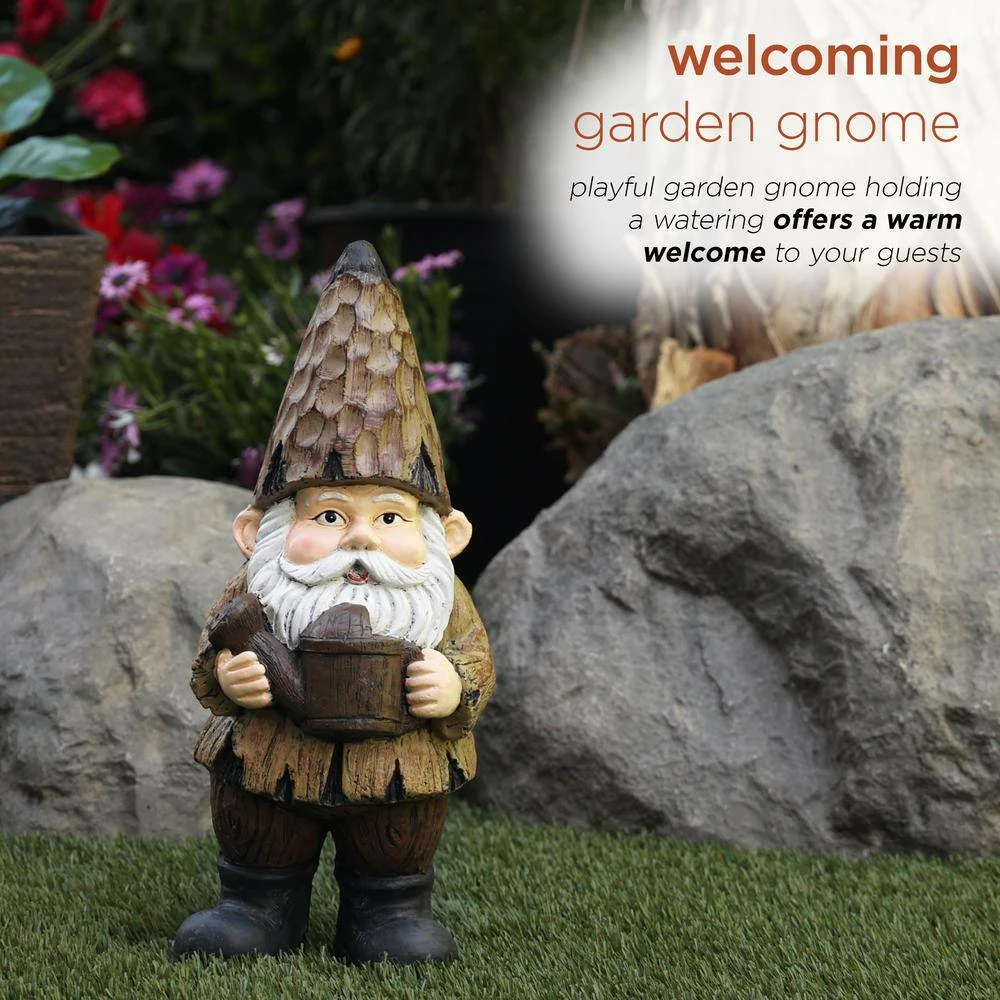 Alpine Corporation 16 in. H Indoor/Outdoor Garden Gnome with Watering Can Statue, Brown - Image 4