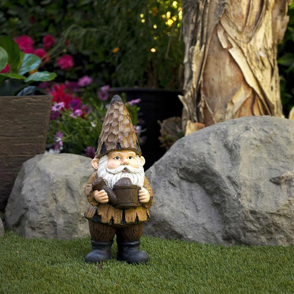 Alpine Corporation 16 in. H Indoor/Outdoor Garden Gnome with Watering Can Statue, Brown - Image 2