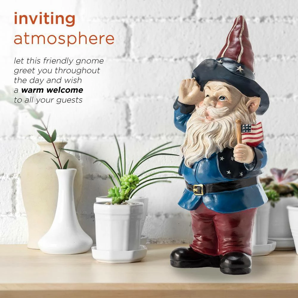 Alpine Corporation 12 in. Tall Outdoor Patriotic Garden Gnome Saluting Yard Statue Decoration - Image 5