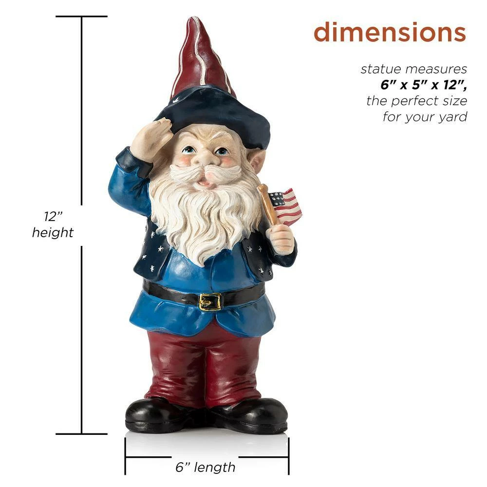 Alpine Corporation 12 in. Tall Outdoor Patriotic Garden Gnome Saluting Yard Statue Decoration - Image 3