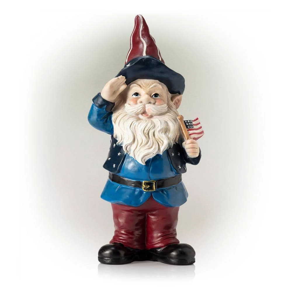 Alpine Corporation 12 in. Tall Outdoor Patriotic Garden Gnome Saluting Yard Statue Decoration