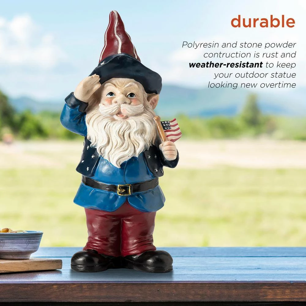 Alpine Corporation 12 in. Tall Outdoor Patriotic Garden Gnome Saluting Yard Statue Decoration - Image 6