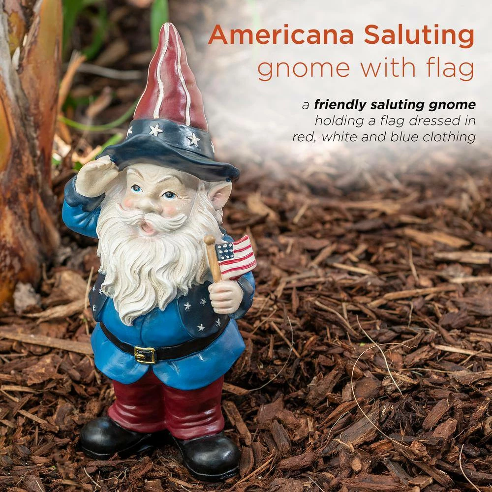Alpine Corporation 12 in. Tall Outdoor Patriotic Garden Gnome Saluting Yard Statue Decoration - Image 4