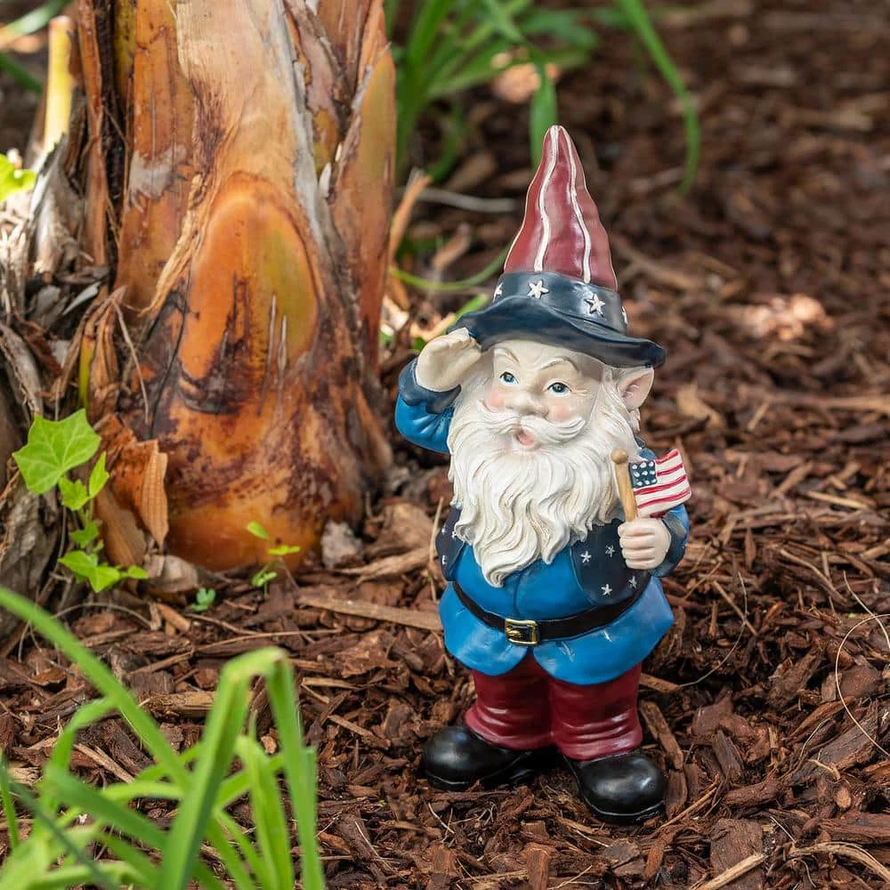 Alpine Corporation 12 in. Tall Outdoor Patriotic Garden Gnome Saluting Yard Statue Decoration - Image 2