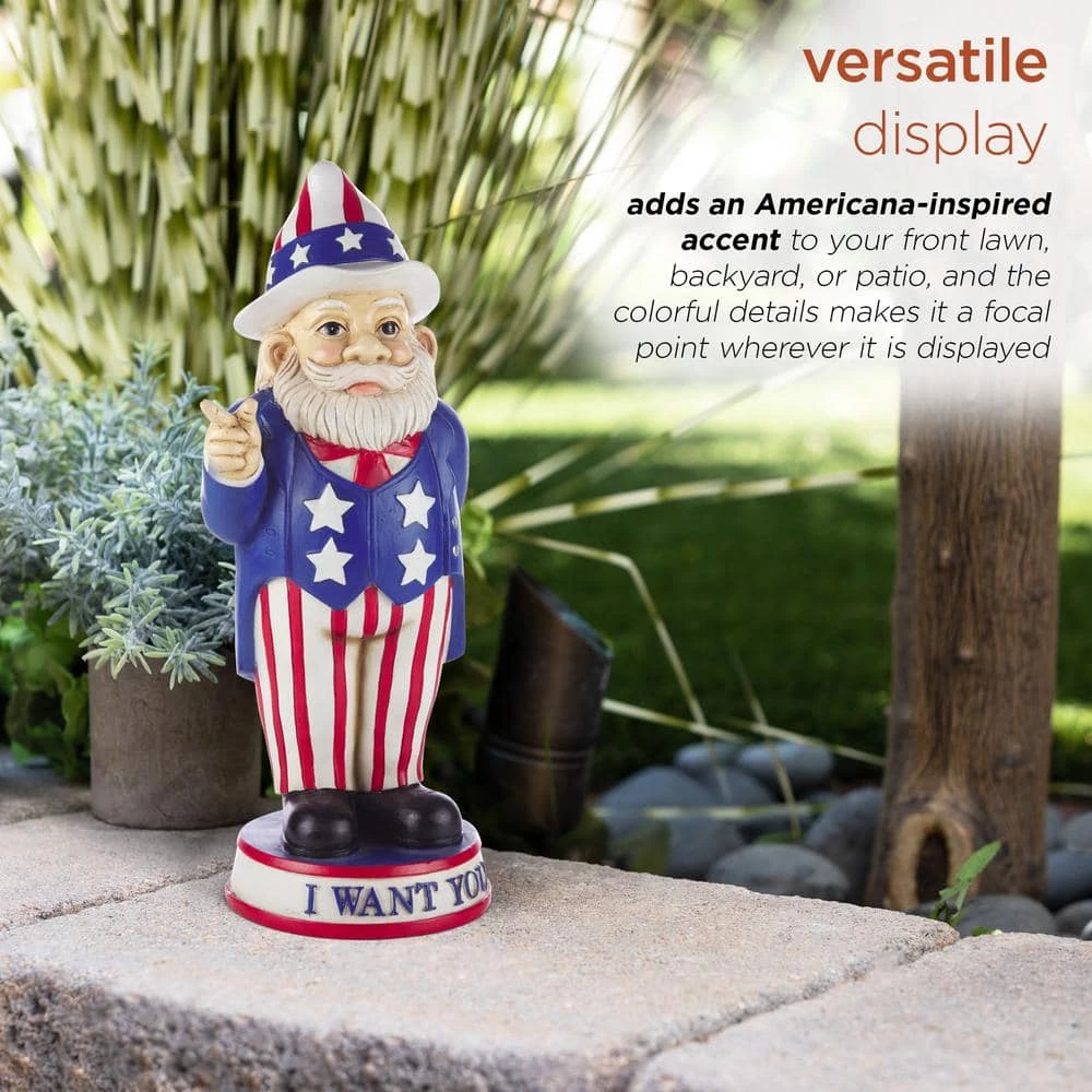 Alpine Corporation 12 in. H Uncle Sam "I Want You" Indoor/Outdoor Garden Gnome Statue, Red/White/Blue - Image 5