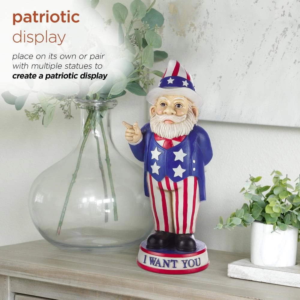 Alpine Corporation 12 in. H Uncle Sam "I Want You" Indoor/Outdoor Garden Gnome Statue, Red/White/Blue - Image 6