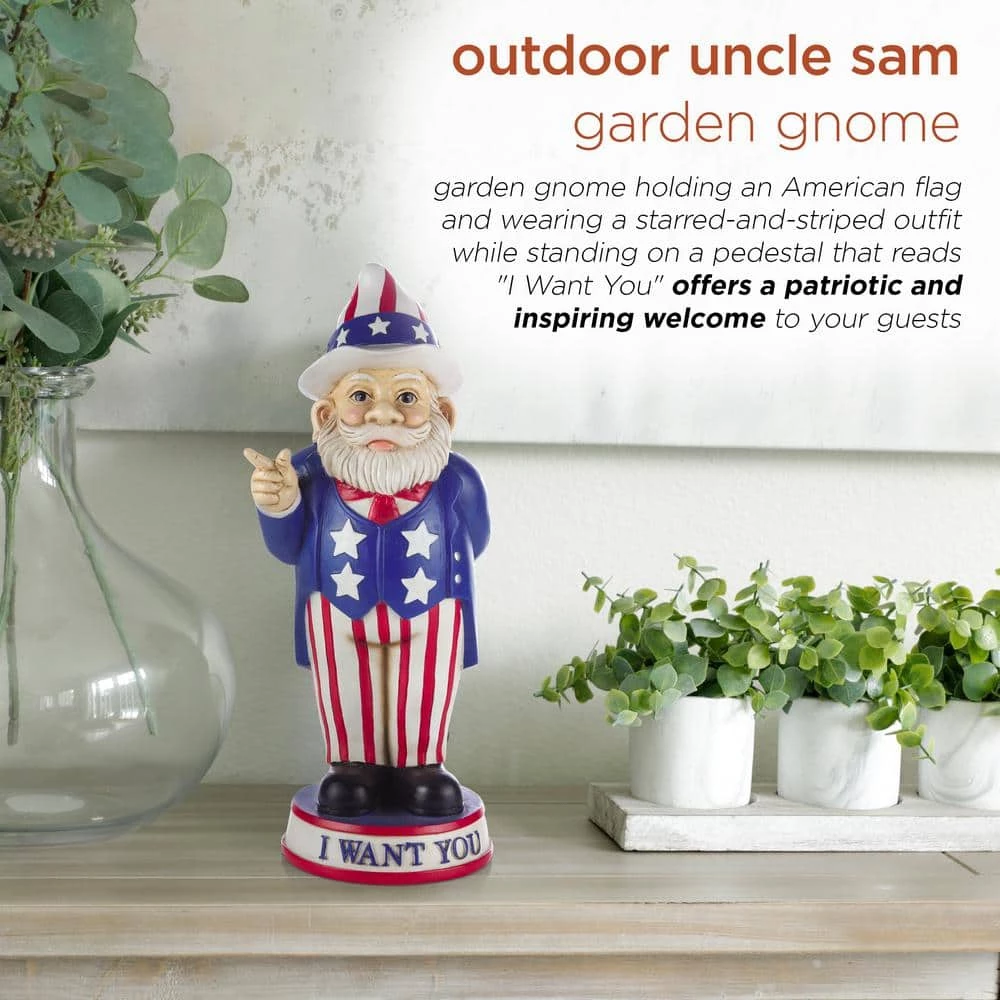 Alpine Corporation 12 in. H Uncle Sam "I Want You" Indoor/Outdoor Garden Gnome Statue, Red/White/Blue - Image 4