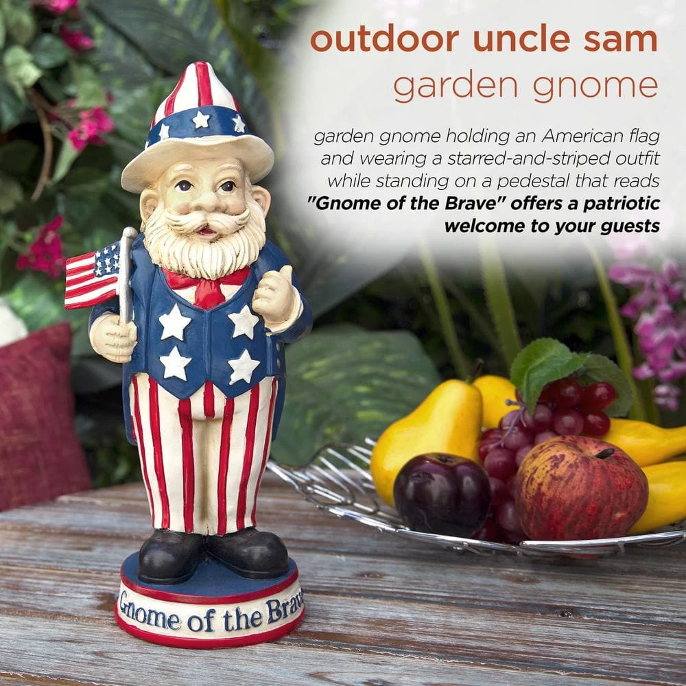 Alpine Corporation 12 in. H Uncle Sam "Gnome of the Brave" Indoor/Outdoor Garden Gnome Statue, Red/White/Blue - Image 4