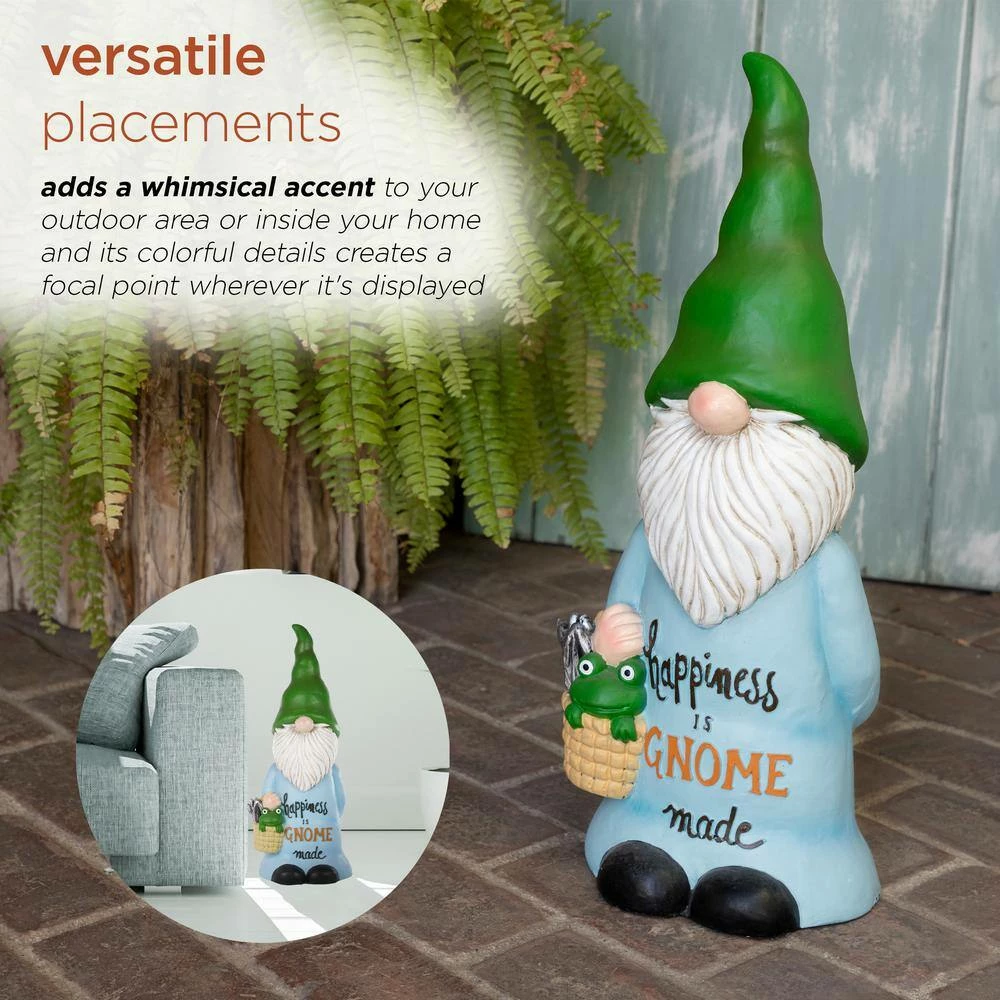 Alpine Corporation 24 in. H "Happiness is Gnome Made" Indoor/Outdoor Garden Gnome Statue, Green/Blue - Image 5
