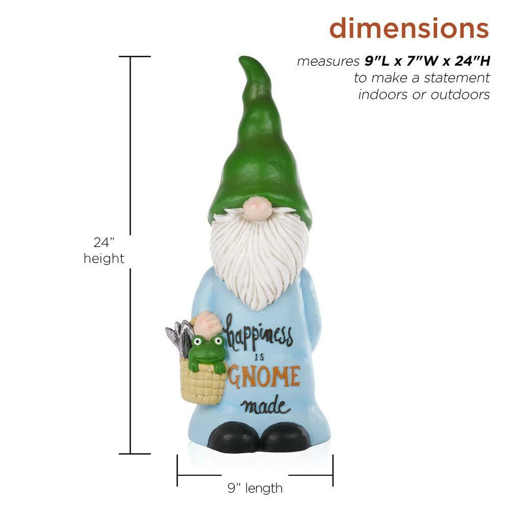 Alpine Corporation 24 in. H "Happiness is Gnome Made" Indoor/Outdoor Garden Gnome Statue, Green/Blue - Image 3