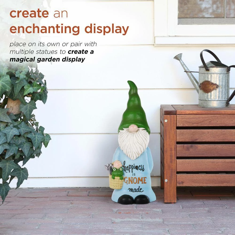 Alpine Corporation 24 in. H "Happiness is Gnome Made" Indoor/Outdoor Garden Gnome Statue, Green/Blue - Image 6