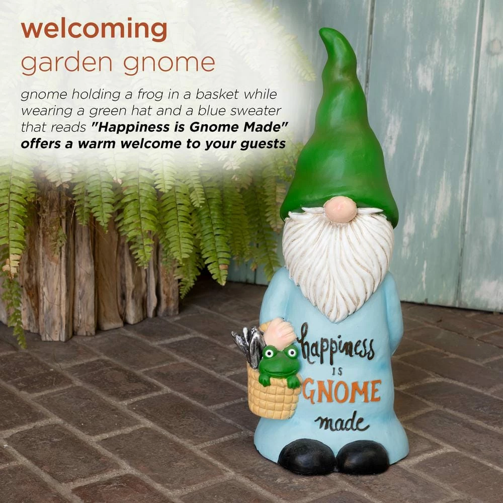 Alpine Corporation 24 in. H "Happiness is Gnome Made" Indoor/Outdoor Garden Gnome Statue, Green/Blue - Image 4