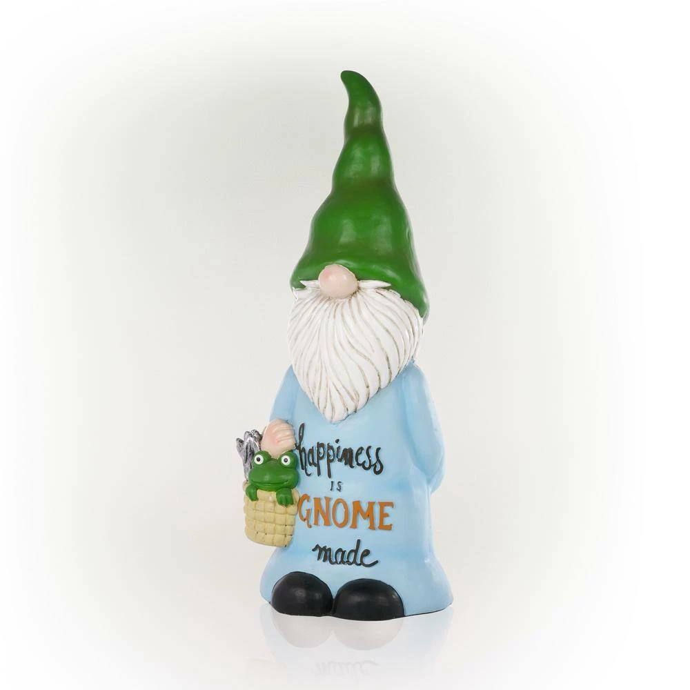 Alpine Corporation 24 in. H "Happiness is Gnome Made" Indoor/Outdoor Garden Gnome Statue, Green/Blue - Image 8