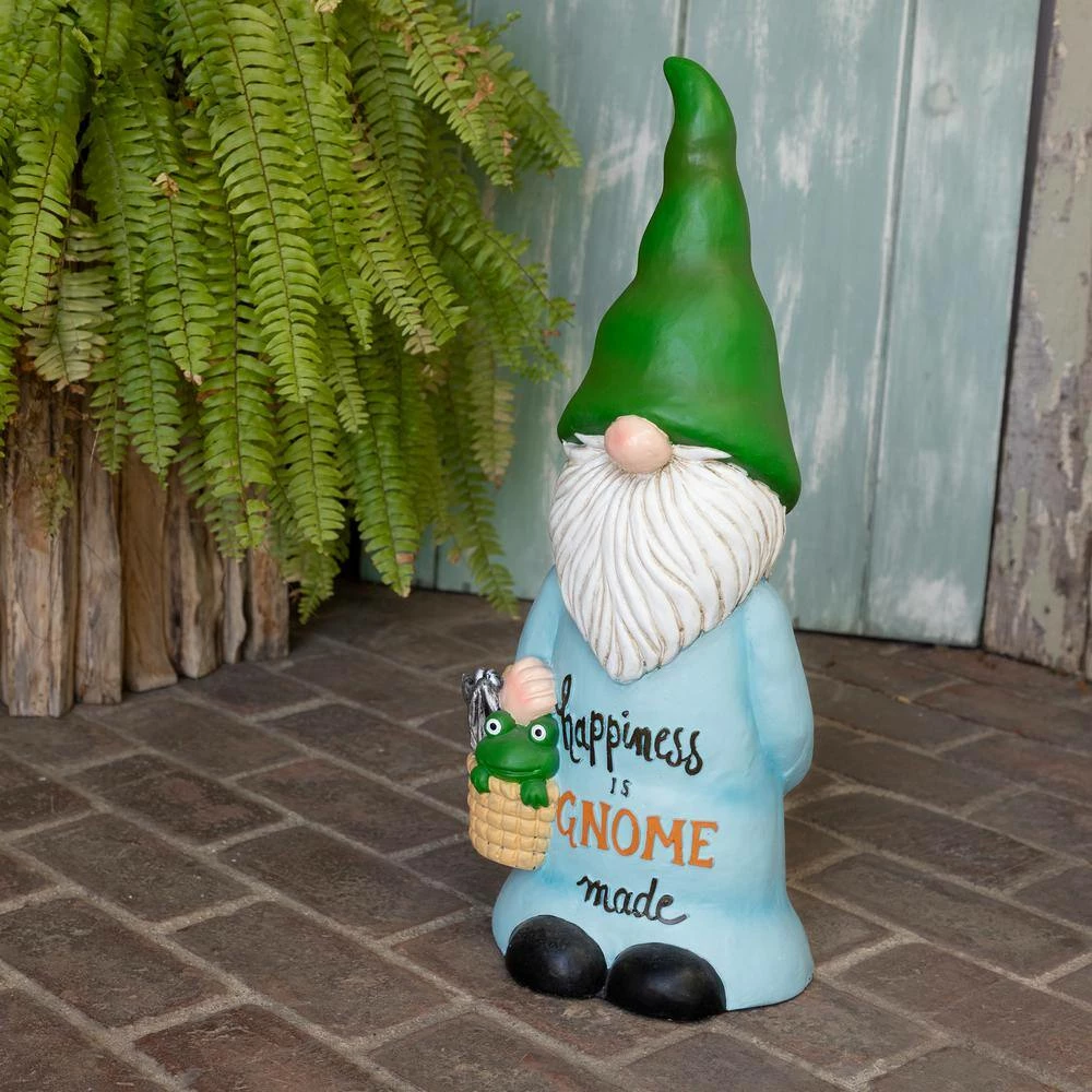 Alpine Corporation 24 in. H "Happiness is Gnome Made" Indoor/Outdoor Garden Gnome Statue, Green/Blue - Image 2