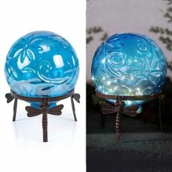 Alpine Corporation 13 in. Tall Indoor/Outdoor Pearlized Blue Glass LED Gazing Globe with Stand