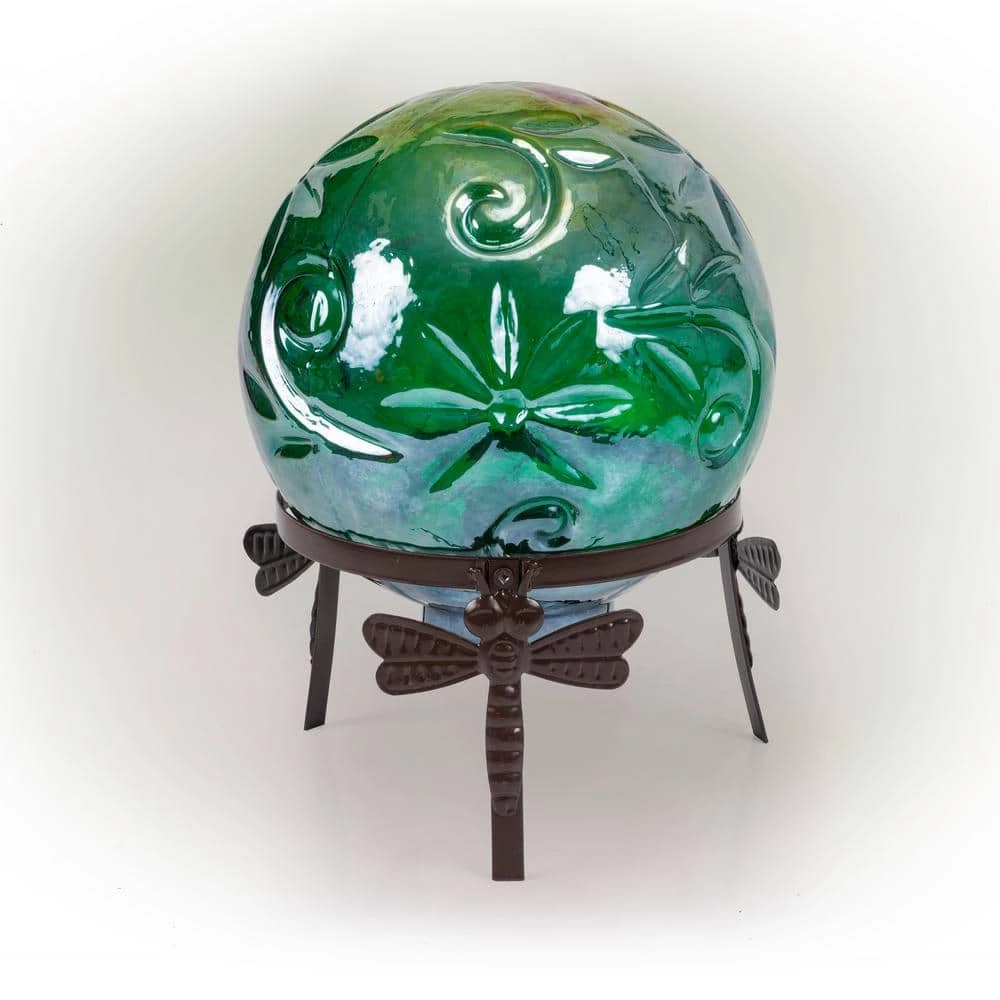 Alpine Corporation 13 in. Tall Indoor/Outdoor Pearlized Green Glass LED Gazing Globe with Stand - Image 4