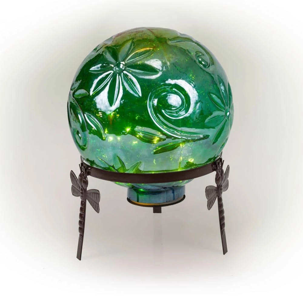 Alpine Corporation 13 in. Tall Indoor/Outdoor Pearlized Green Glass LED Gazing Globe with Stand - Image 6