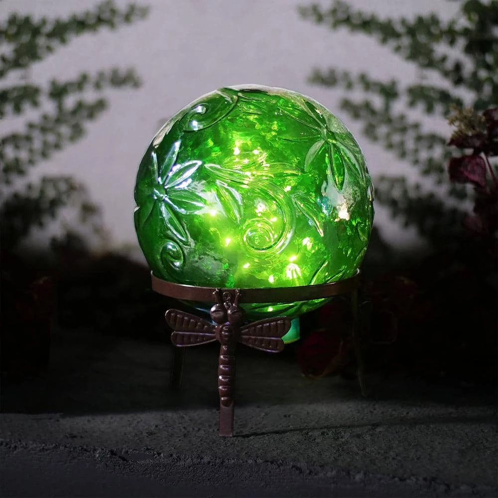 Alpine Corporation 13 in. Tall Indoor/Outdoor Pearlized Green Glass LED Gazing Globe with Stand - Image 2