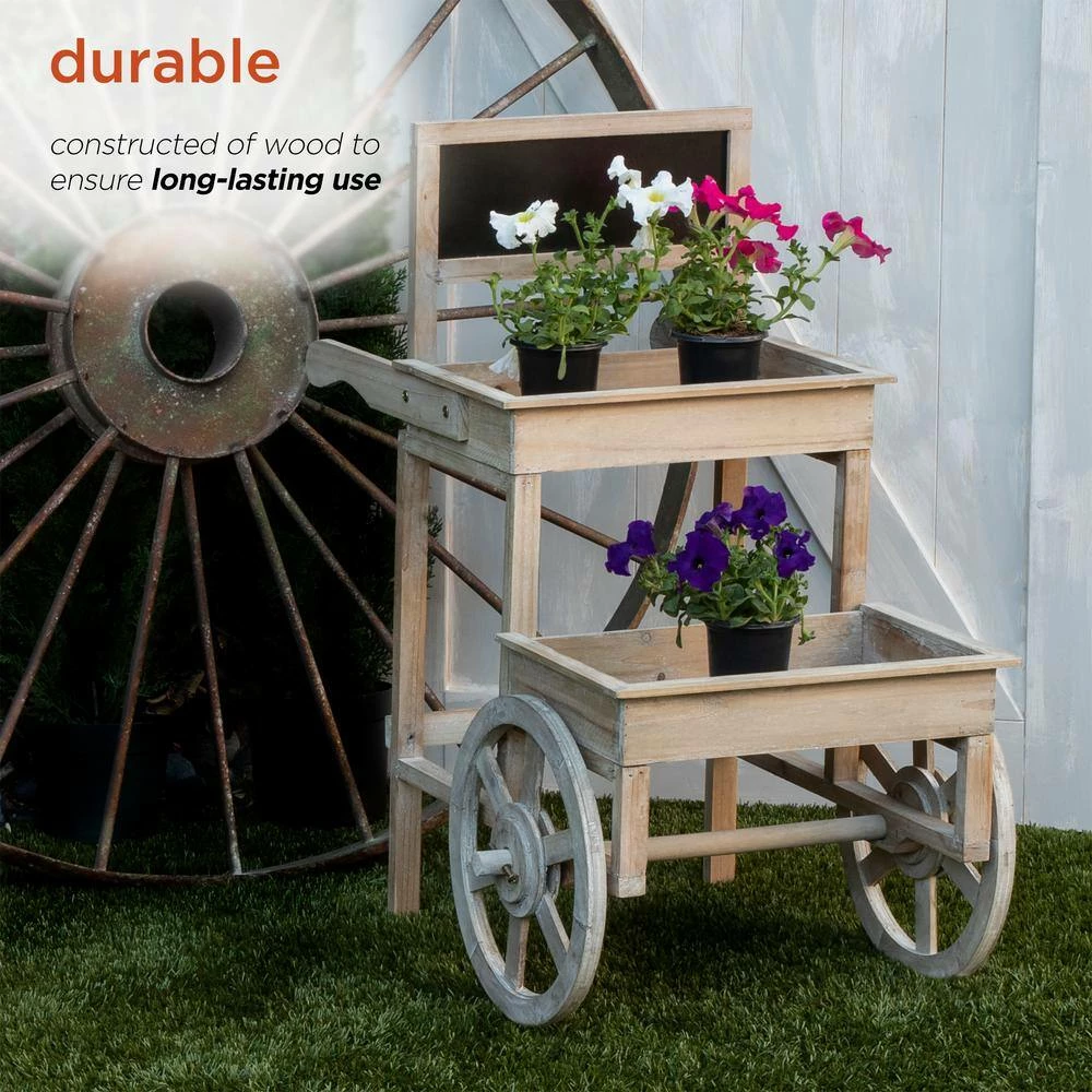 Alpine Corporation 34 in. Tall Indoor/Outdoor Wooden 2-Tier Plant Display Stand with Chalkboard and Wheels - Image 7