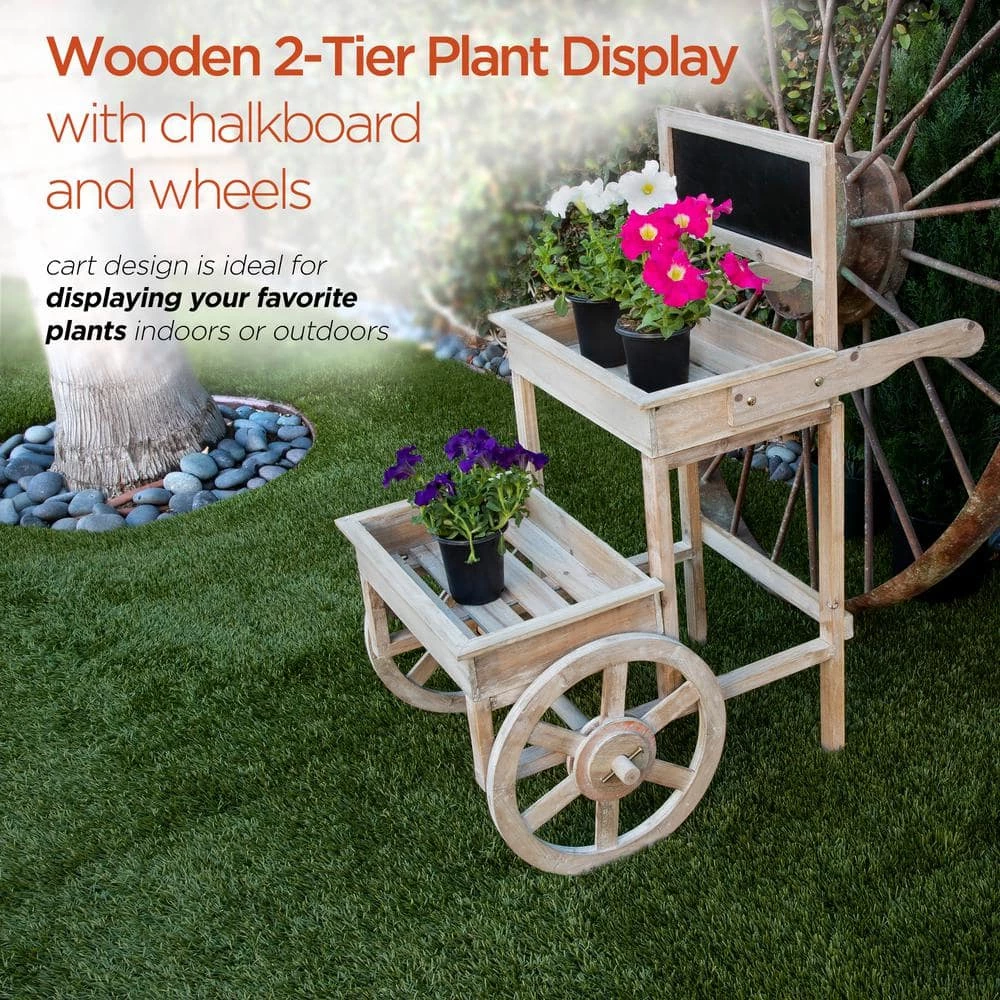 Alpine Corporation 34 in. Tall Indoor/Outdoor Wooden 2-Tier Plant Display Stand with Chalkboard and Wheels - Image 4