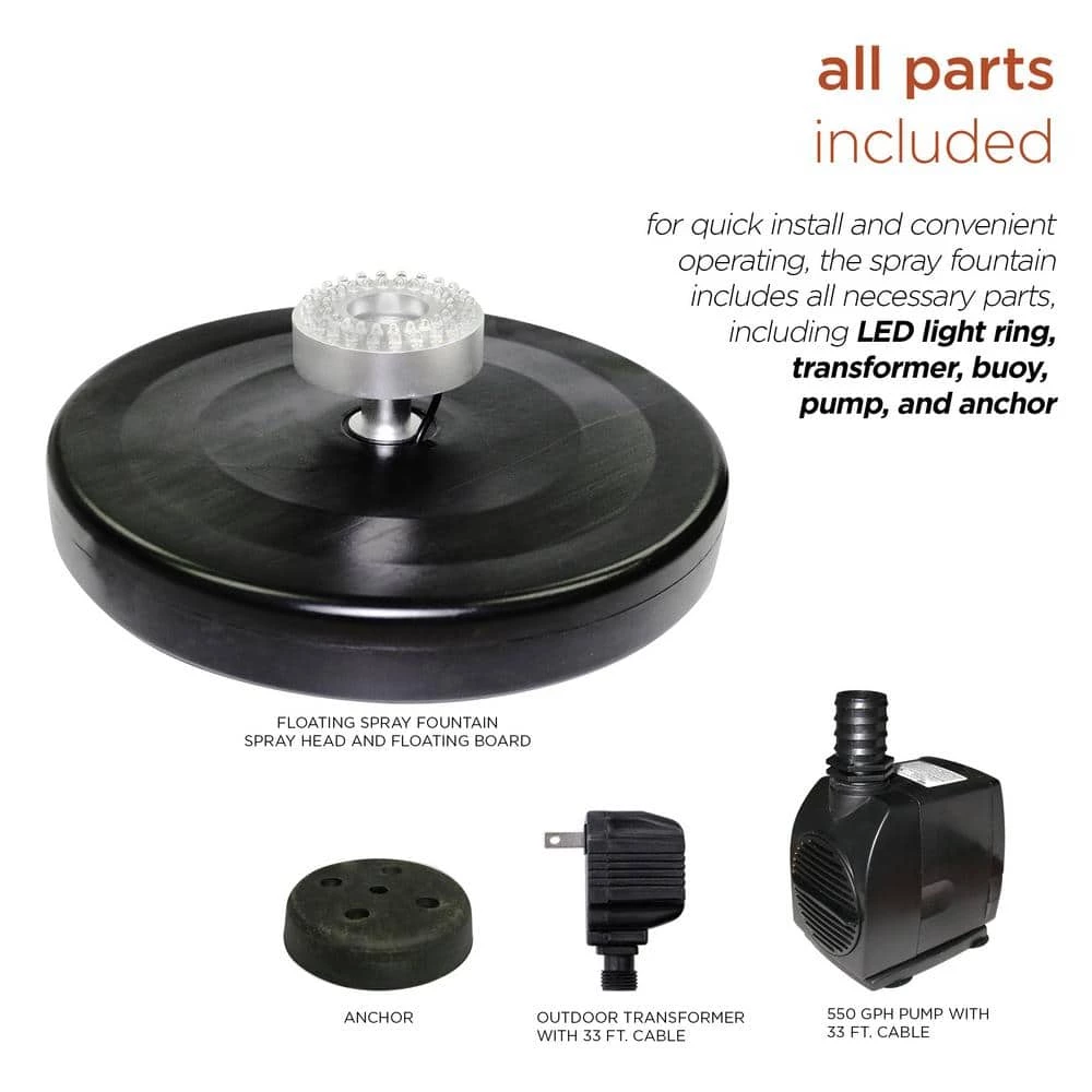 Alpine Corporation 550-GPH Pump 48-LED Light Floating Spray Fountain, Black - Image 7