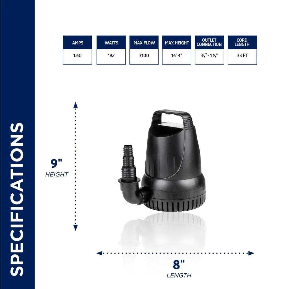 Alpine Corporation Submersible 3100 GPH Fountain Hurricane Pump for Large Fountains and Birdbaths Outdoor Decor Accessory - Image 3