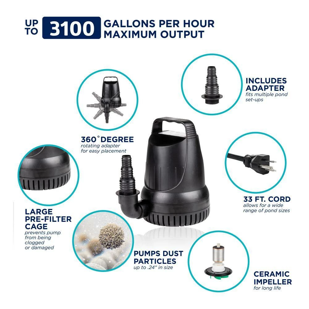 Alpine Corporation Submersible 3100 GPH Fountain Hurricane Pump for Large Fountains and Birdbaths Outdoor Decor Accessory - Image 2