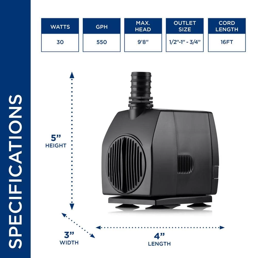 Alpine Corporation Stream Pump 550 GPH with 16 ft. Cord for Ponds, Fountains, and Waterfalls - Image 2