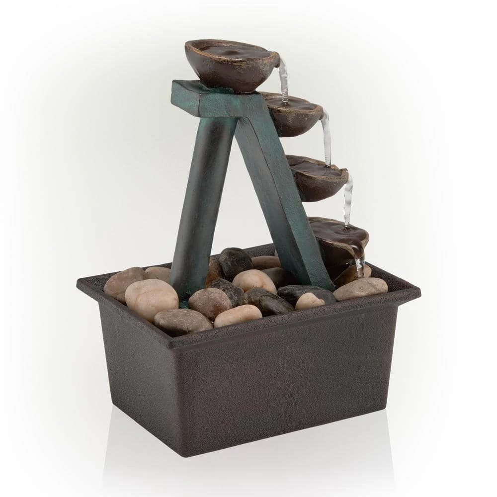 Alpine Corporation 8 in. Tall Indoor/Outdoor 4-Tier Step Tabletop Fountain with Rustic Bowls - Image 10