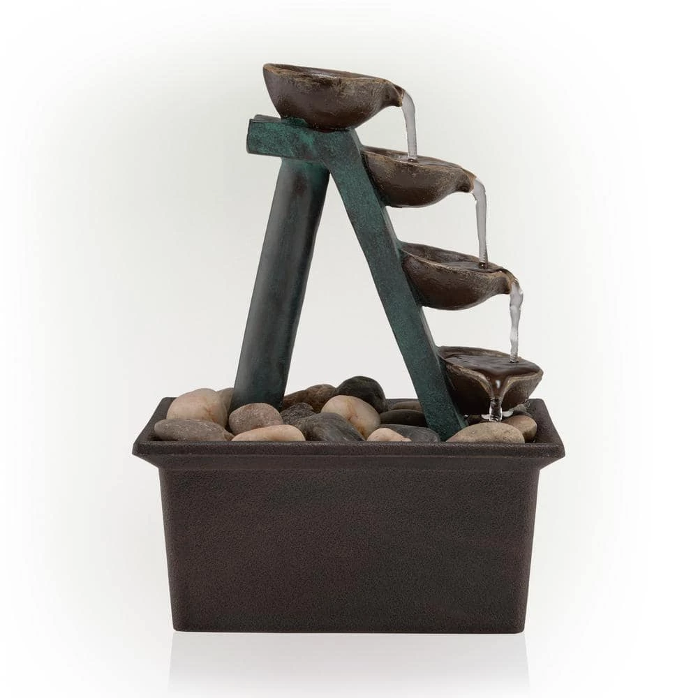 Alpine Corporation 8 in. Tall Indoor/Outdoor 4-Tier Step Tabletop Fountain with Rustic Bowls - Image 9